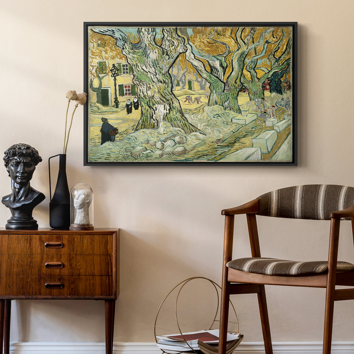 The Large Plane Trees (Road Menders at Saint-Rémy), 1889 - Floater Framed Canvas Print