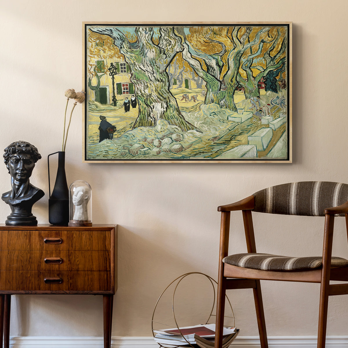 The Large Plane Trees (Road Menders at Saint-Rémy), 1889 - Floater Framed Canvas Print