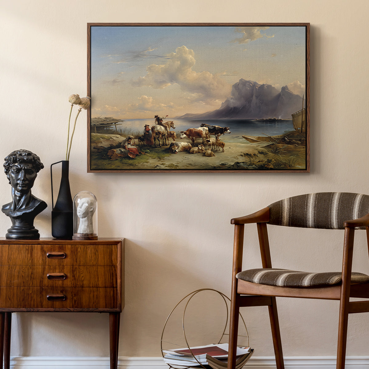 Shepherds and Cattle on Lake Attersee, 1852 - Floater Framed Canvas Print
