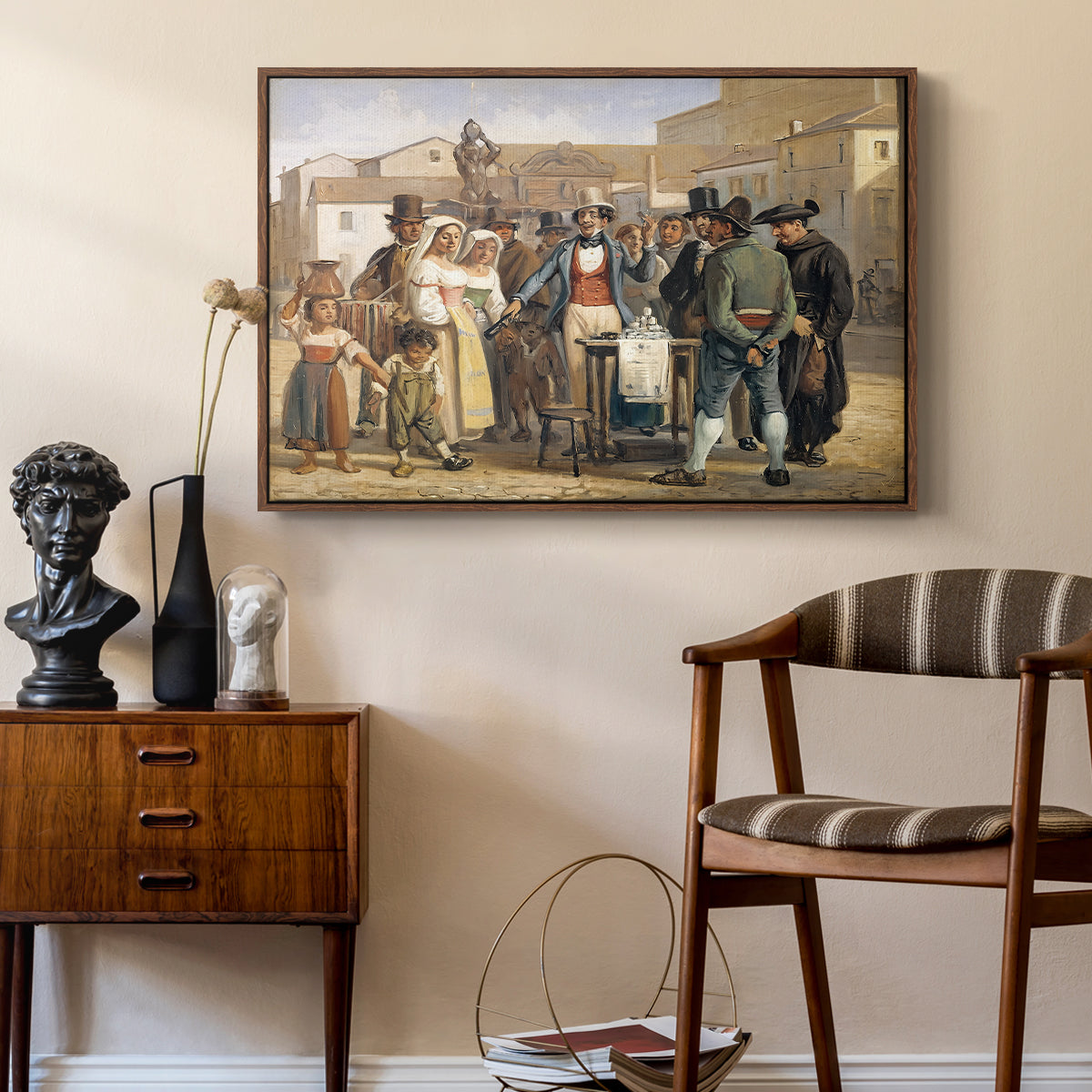A Charlatan Selling Blacking in the Piazza Barberini in Rome, c. 1840-1849 - Floater Framed Canvas Print