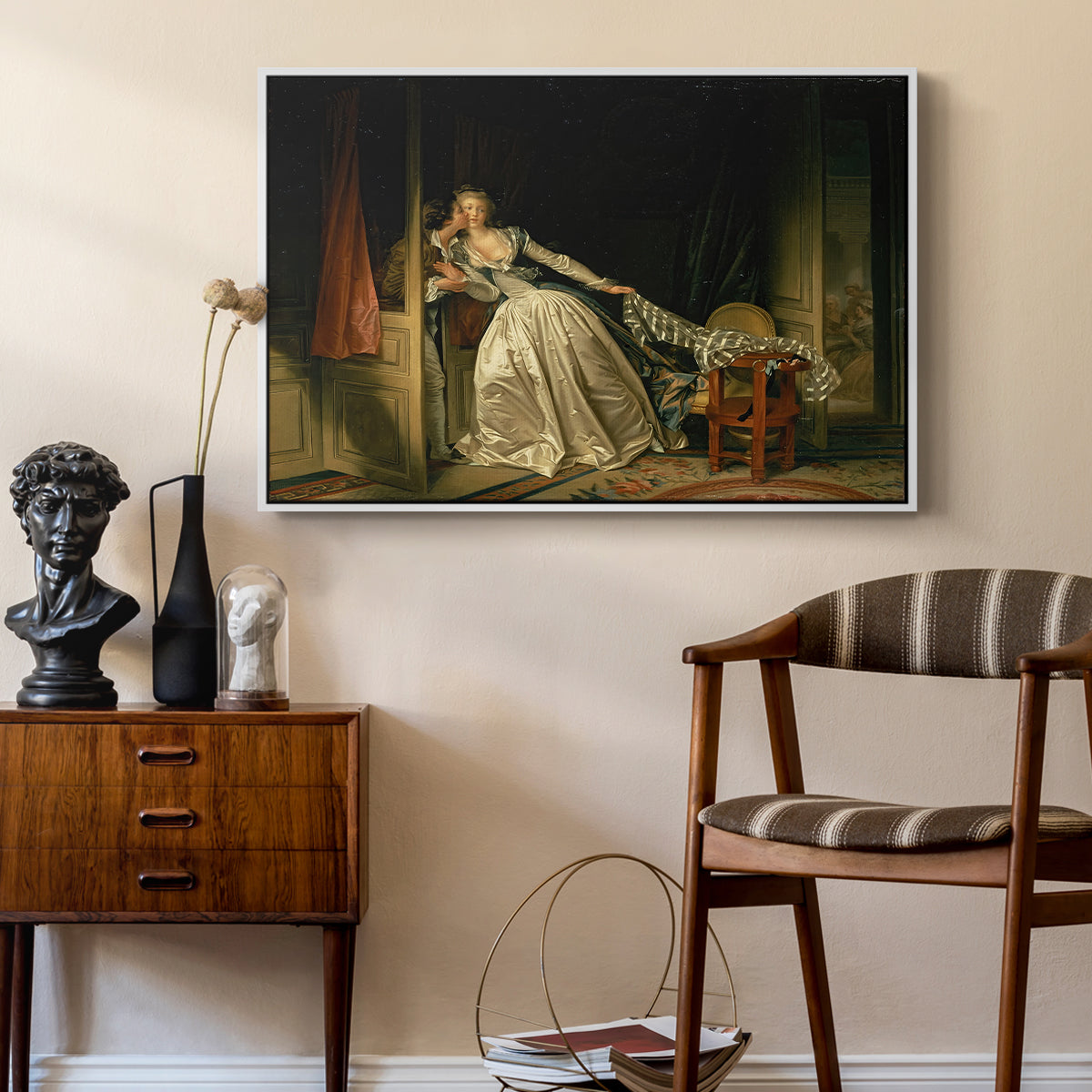 The Stolen Kiss (Le Baiser à la dérobée), c. 1788 - Floater Framed Canvas Print