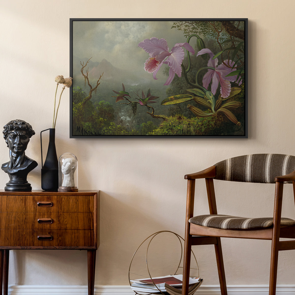 Two Sun Angel Hummingbirds on a Branch, c. 1890-1904 - Floater Framed Canvas Print