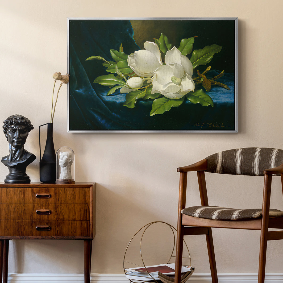 Giant Magnolias on a Blue Velvet Cloth, c. 1890 - Floater Framed Canvas Print