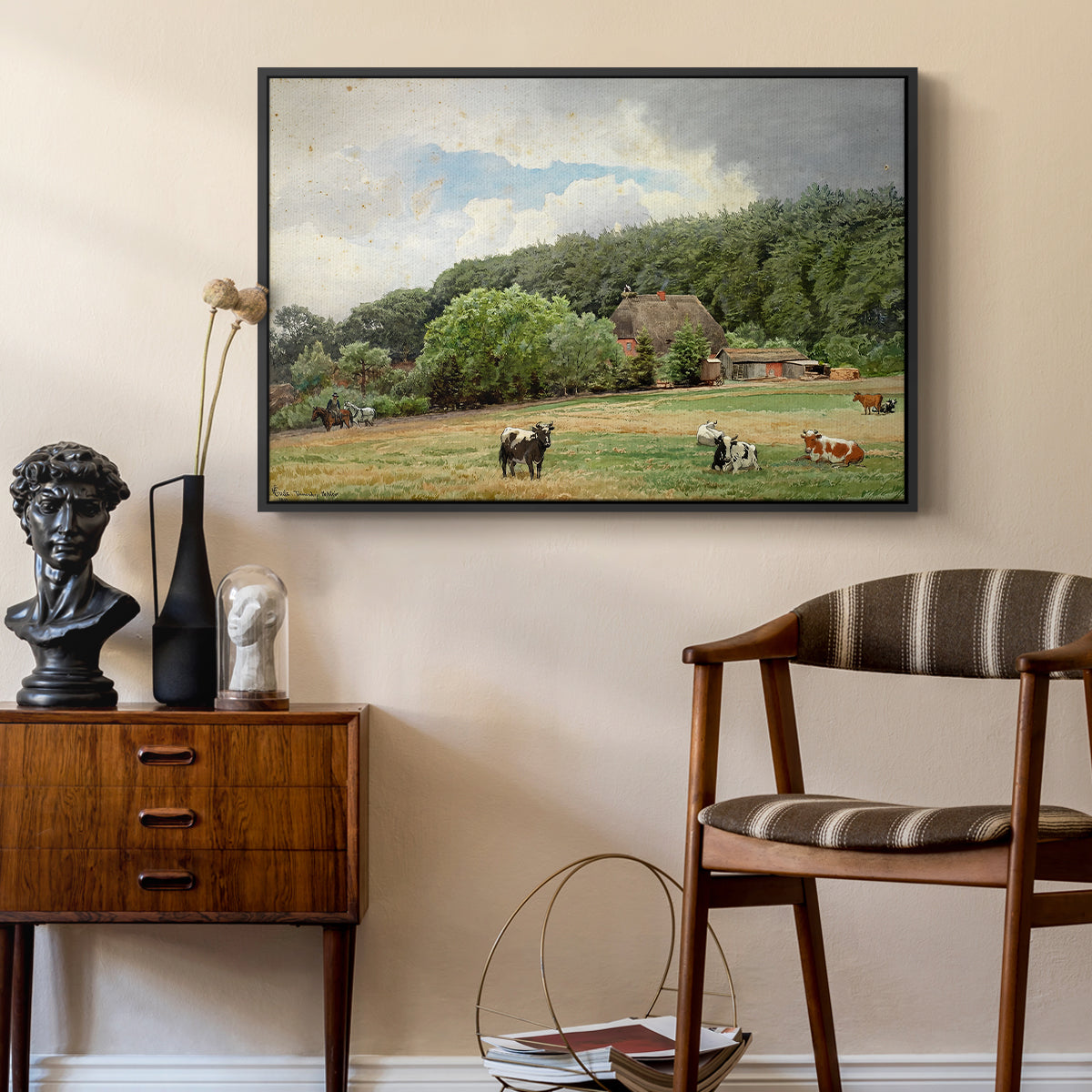 Farm with Grazing Cows (Bondegård med beitende kuer), 1892 - Floater Framed Canvas Print