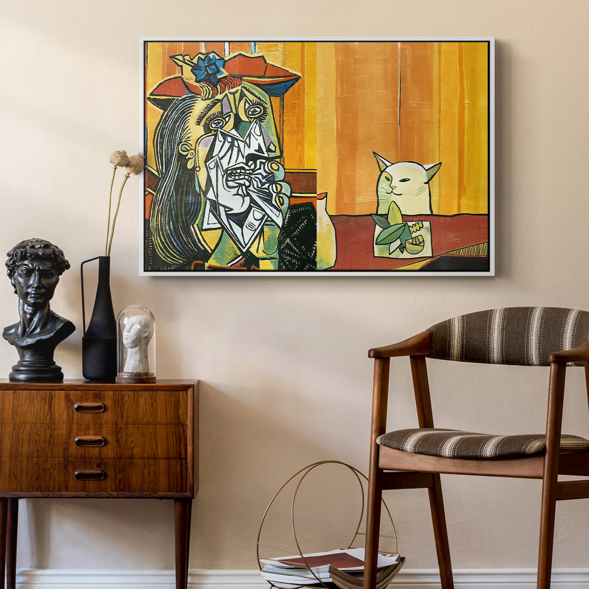 Woman Yelling at a Cat Meme (Picasso Parody) - Floater Framed Canvas Print