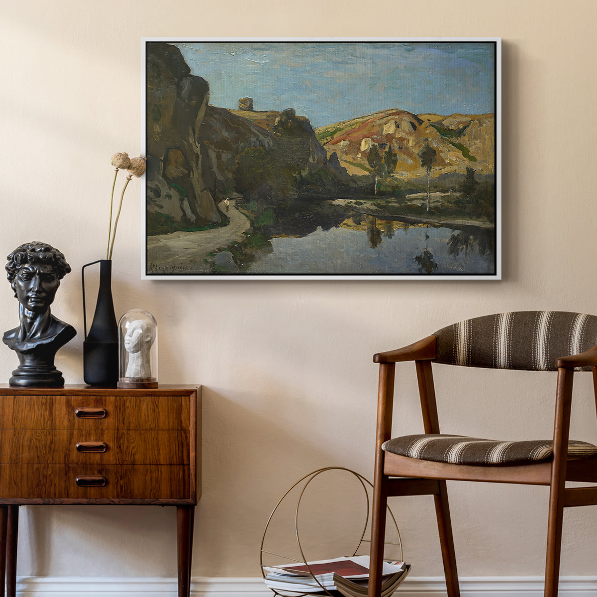 River Landscape with Cliffs, c. 1850-1860 - Floater Framed Canvas Print