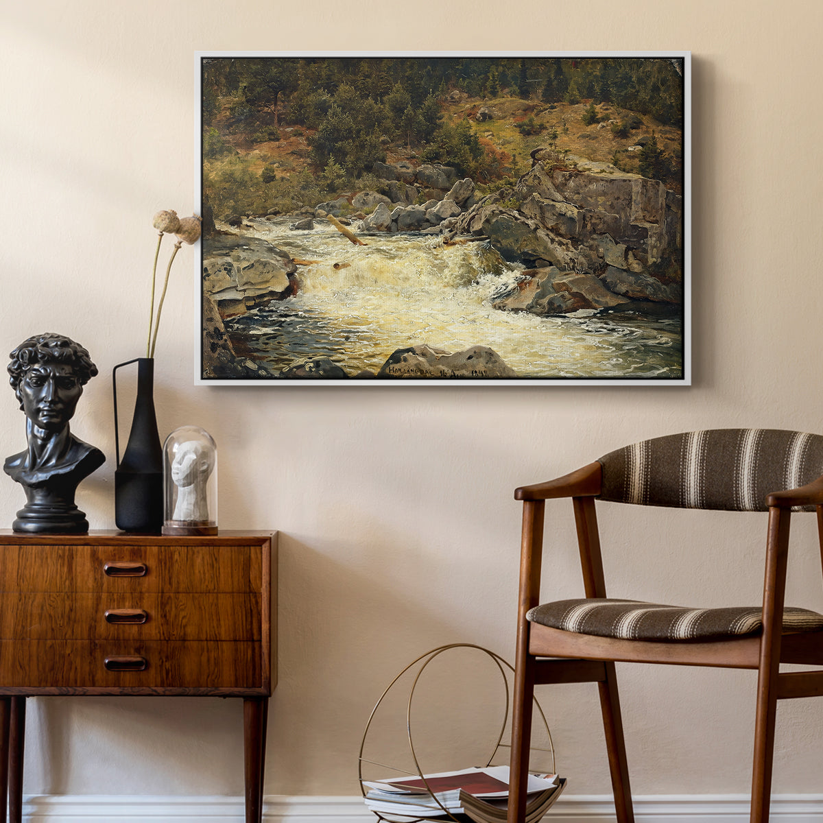 Waterfall in Hallingdal, 1848 - Floater Framed Canvas Print