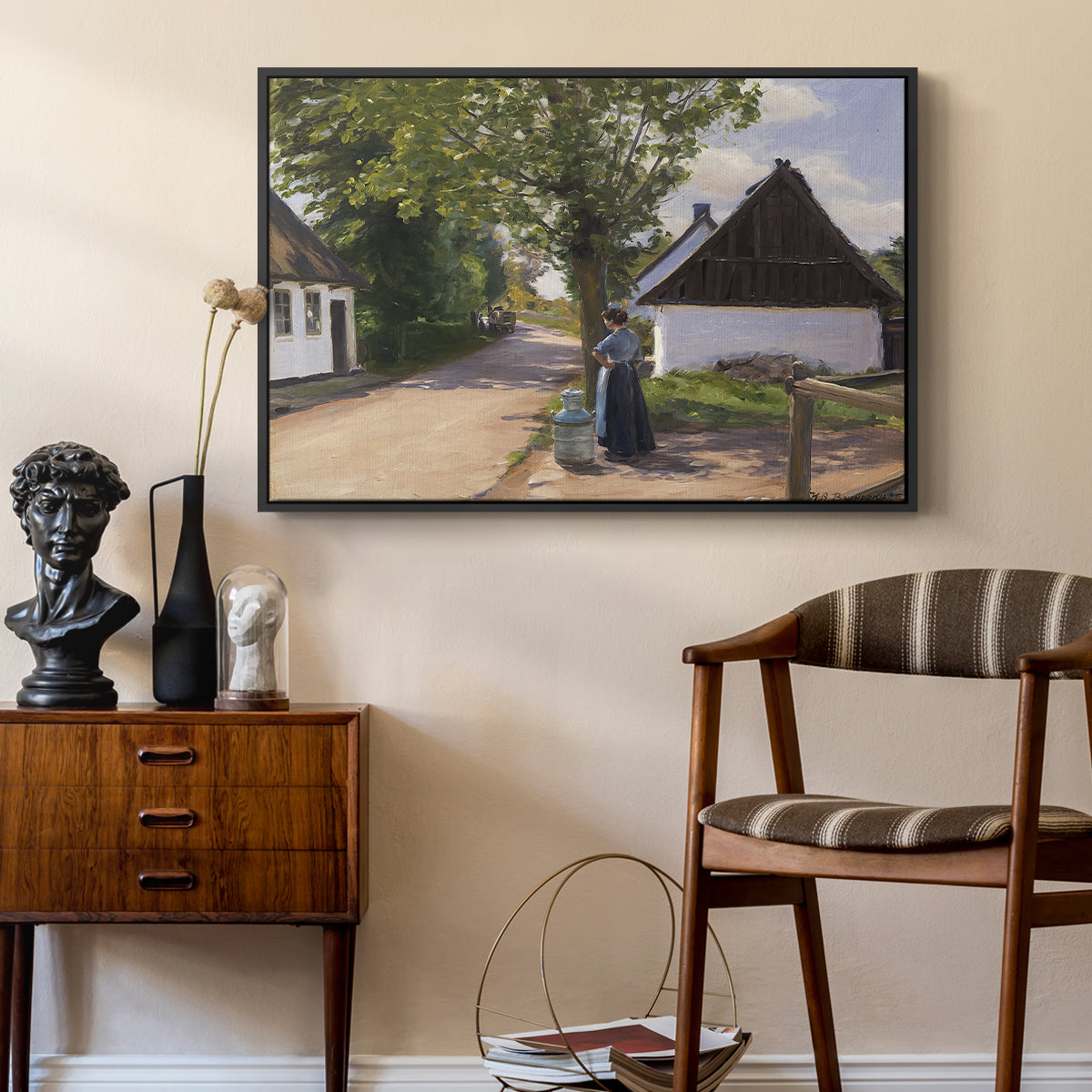 Danish Village Street with Woman and Milkman, 1880 - Floater Framed Canvas Print