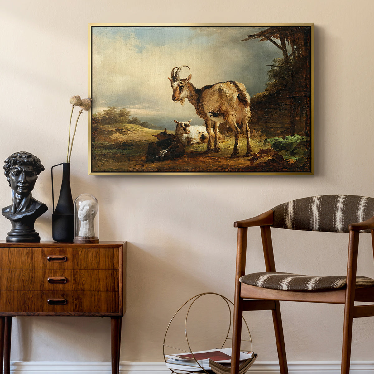 A Goat with Two Kids - Floater Framed Canvas Print
