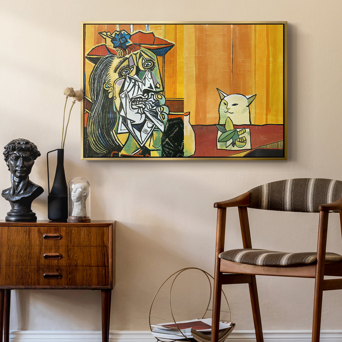 Woman Yelling at a Cat Meme (Picasso Parody) - Floater Framed Canvas Print
