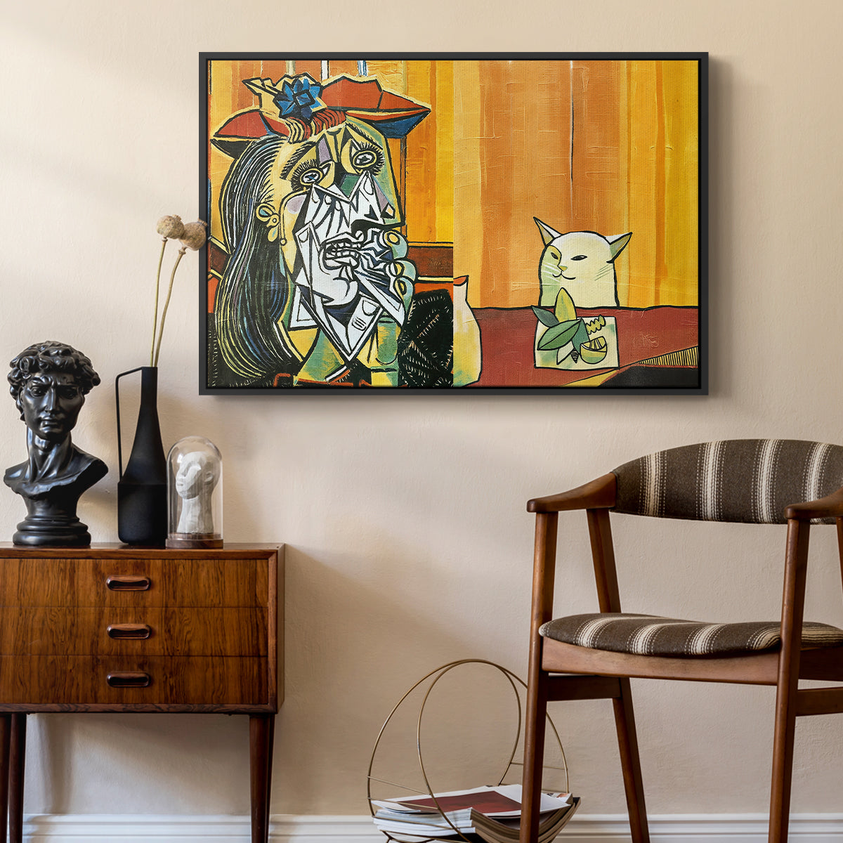 Woman Yelling at a Cat Meme (Picasso Parody) - Floater Framed Canvas Print