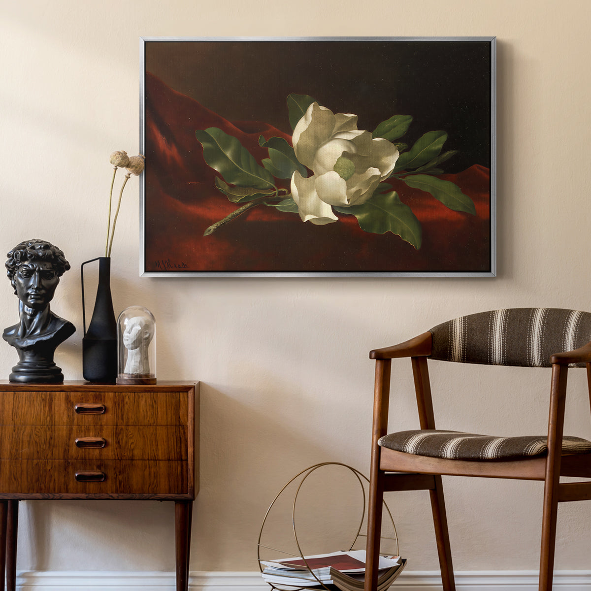 Magnolia on Red Velvet, c. 1885-1890 - Floater Framed Canvas Print