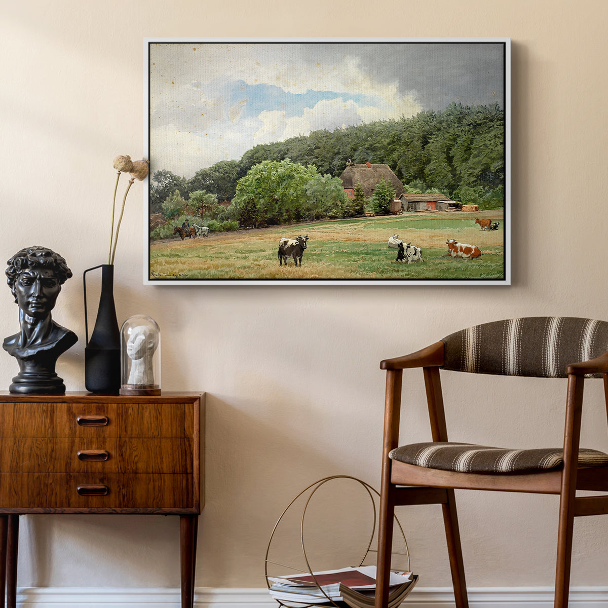 Farm with Grazing Cows (Bondegård med beitende kuer), 1892 - Floater Framed Canvas Print