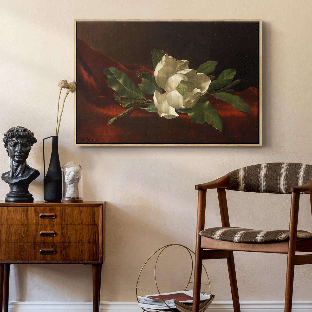 Magnolia on Red Velvet, c. 1885-1890 - Floater Framed Canvas Print