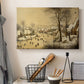 Canvas art print detailing a traditional winter activity scene, displayed in a softly lit workspace setting