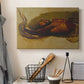 Canvas art print detailing an expressive depiction of conflict between man and animal, displayed in a softly lit workspace setting