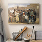 Canvas art print detailing a composition showing public interaction in open square, displayed in a softly lit workspace setting