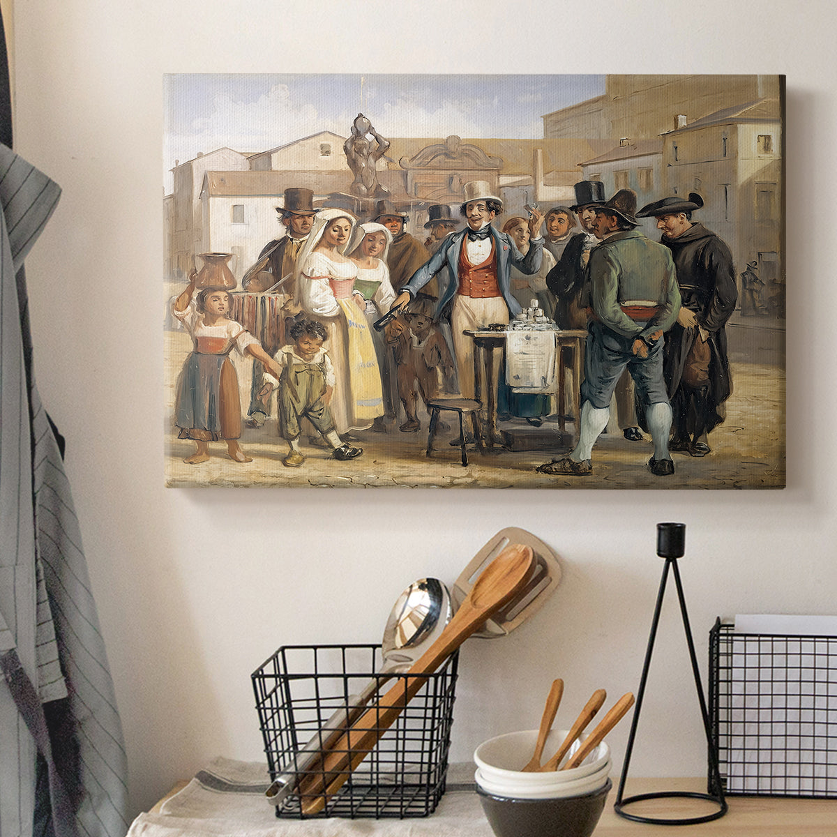Canvas art print detailing a composition showing public interaction in open square, displayed in a softly lit workspace setting