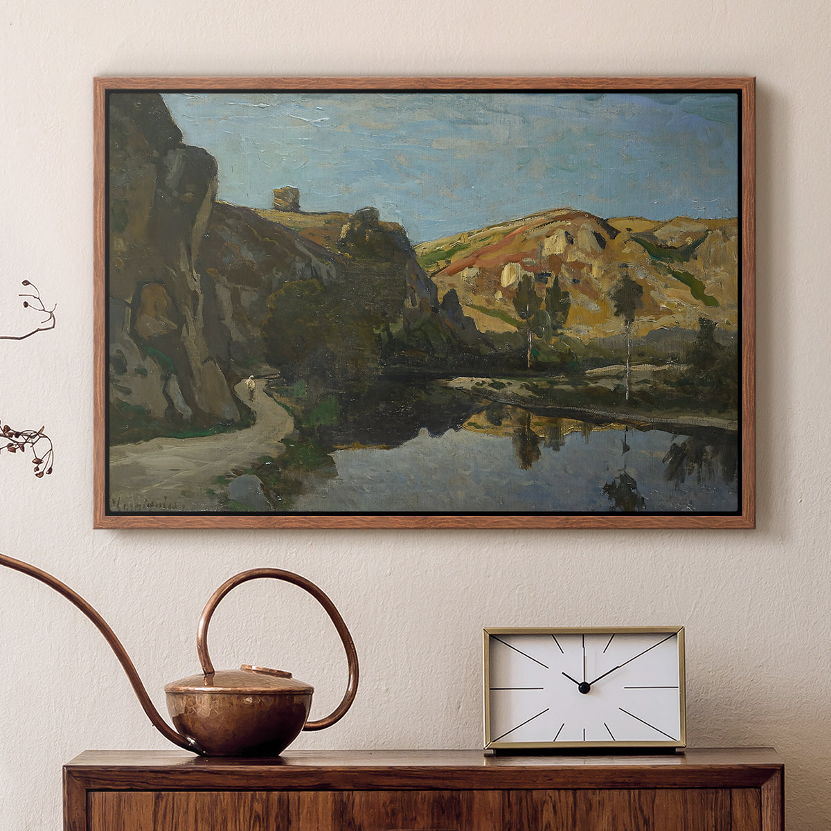 River Landscape with Cliffs, c. 1850-1860 - Floater Framed Canvas Print