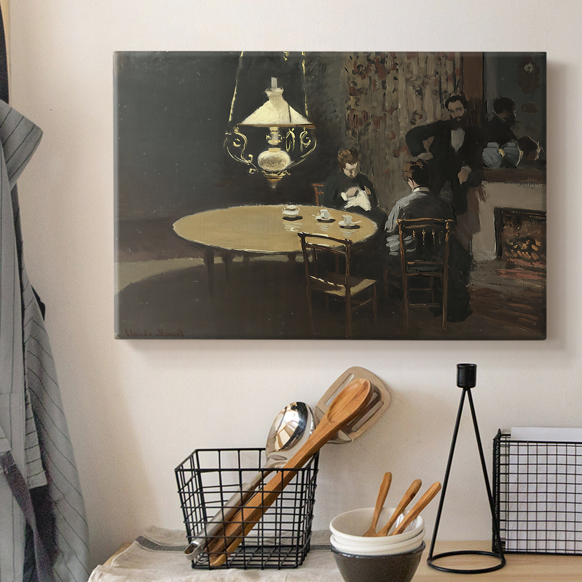 Canvas art print detailing an intimate indoor scene with figure and table in low lighting, displayed in a softly lit workspace setting