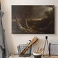 Canvas art print detailing a landscape emphasizing motion and storm intensity, displayed in a softly lit workspace setting