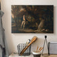 Canvas art print detailing a detailed outdoor scene of man with dogs, displayed in a softly lit workspace setting