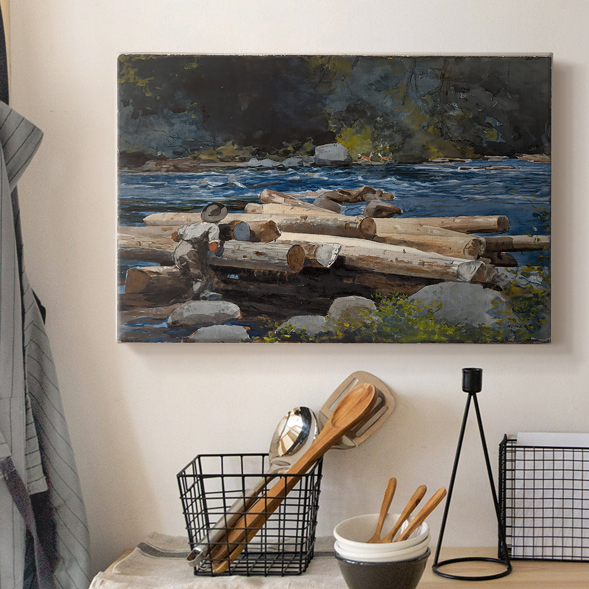 Canvas art print detailing a landscape focusing on waterway and atmospheric depth, displayed in a softly lit workspace setting