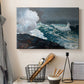 Canvas art print detailing a storm-driven seascape with dark clouds and rough surf, displayed in a softly lit workspace setting