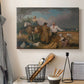 Canvas art print detailing a rural landscape showing agricultural labor, displayed in a softly lit workspace setting