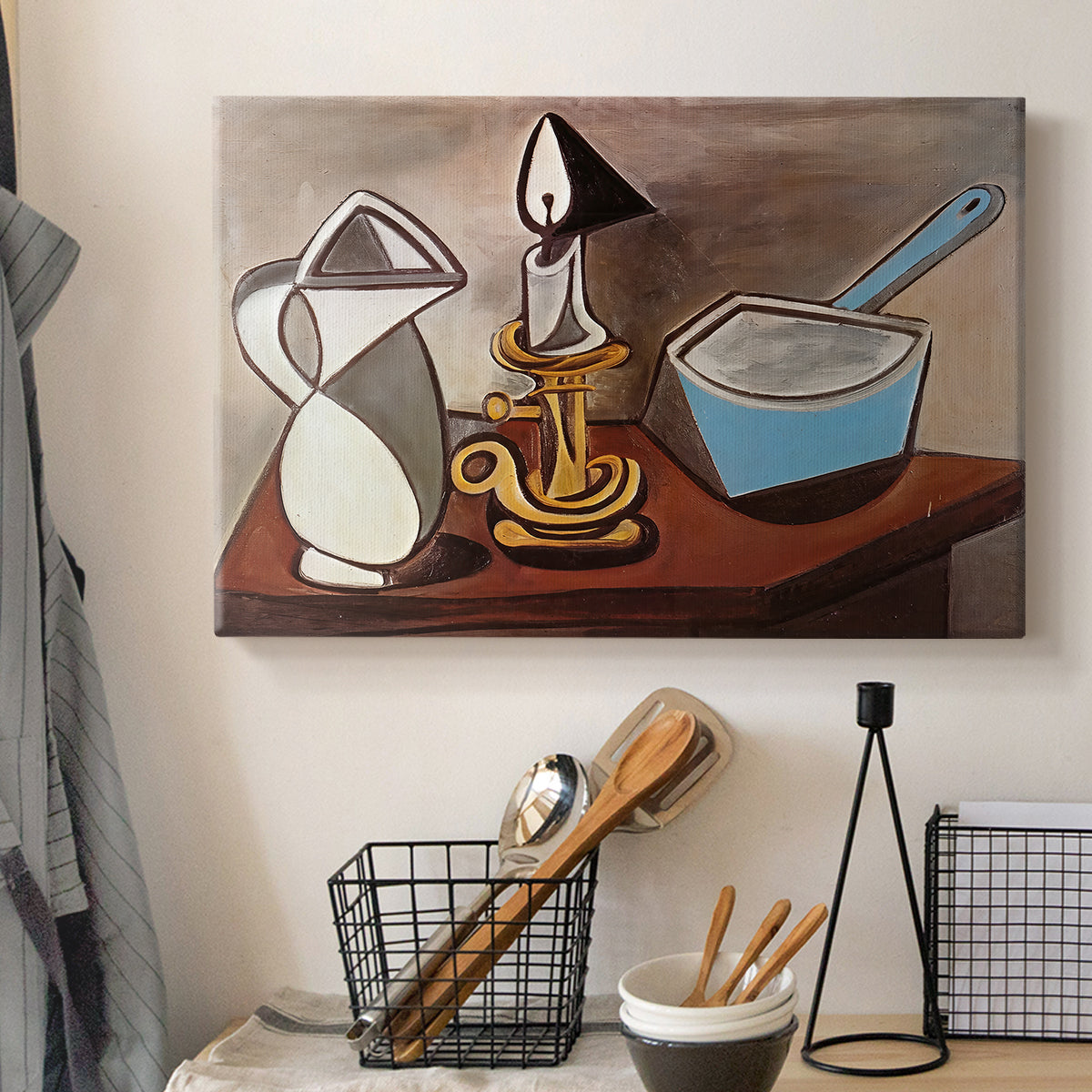Canvas art print detailing a stylized composition emphasizing placement, displayed in a softly lit workspace setting