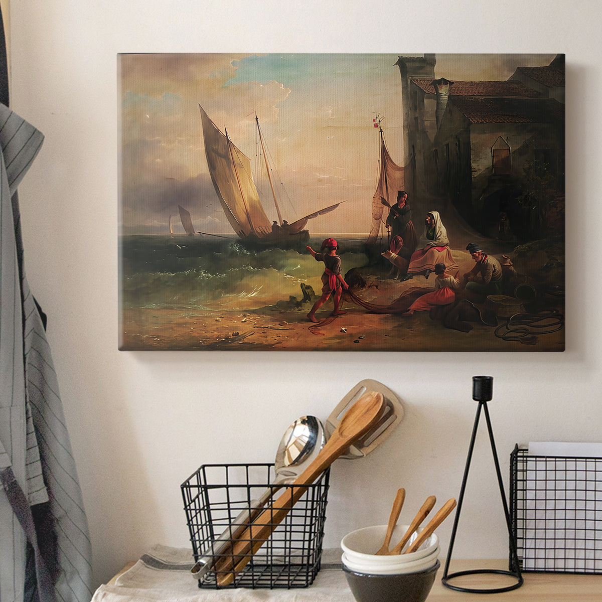Canvas art print detailing a narrative composition with people and shoreline setting, displayed in a softly lit workspace setting