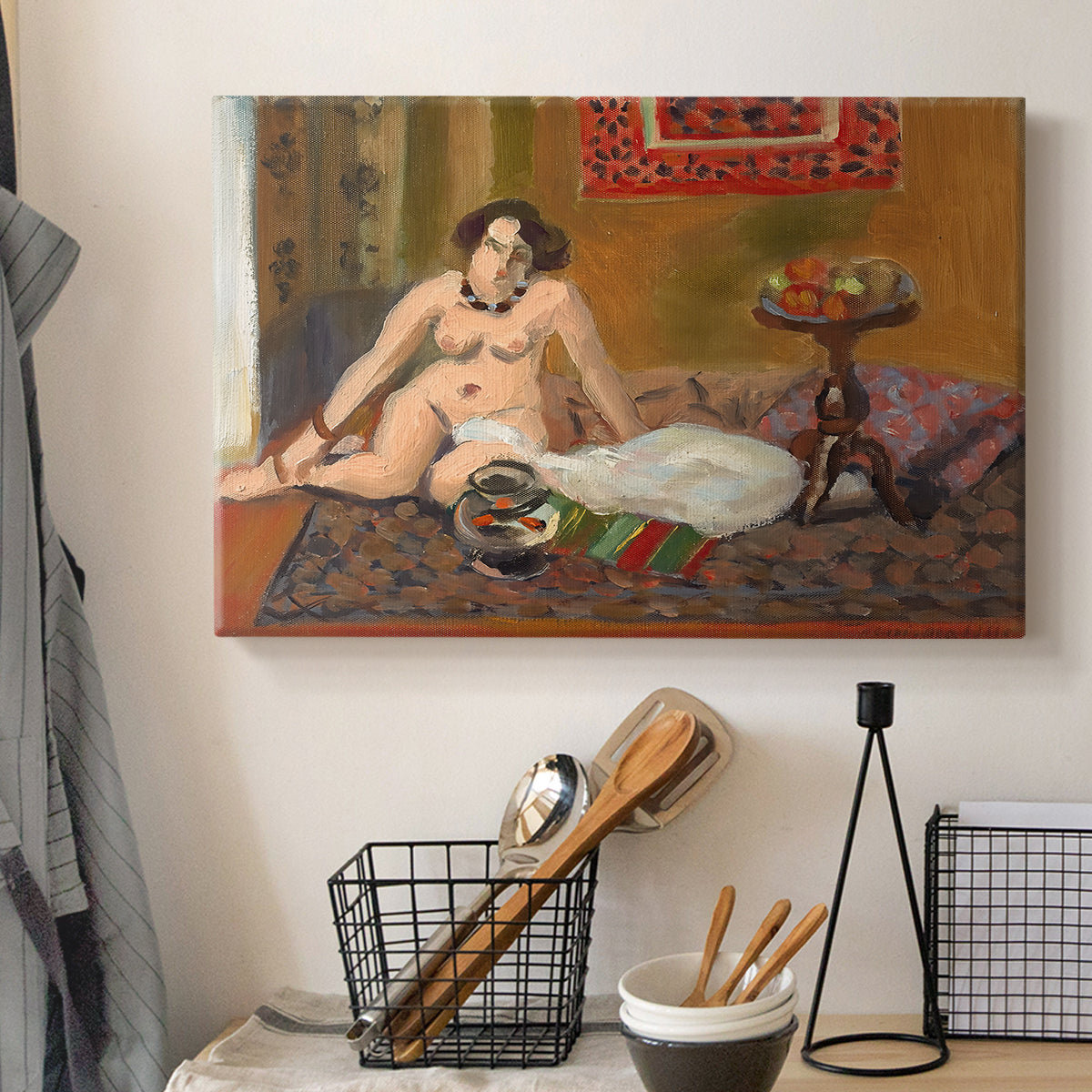 Canvas art print detailing a stylized composition combining figure and still life elements, displayed in a softly lit workspace setting