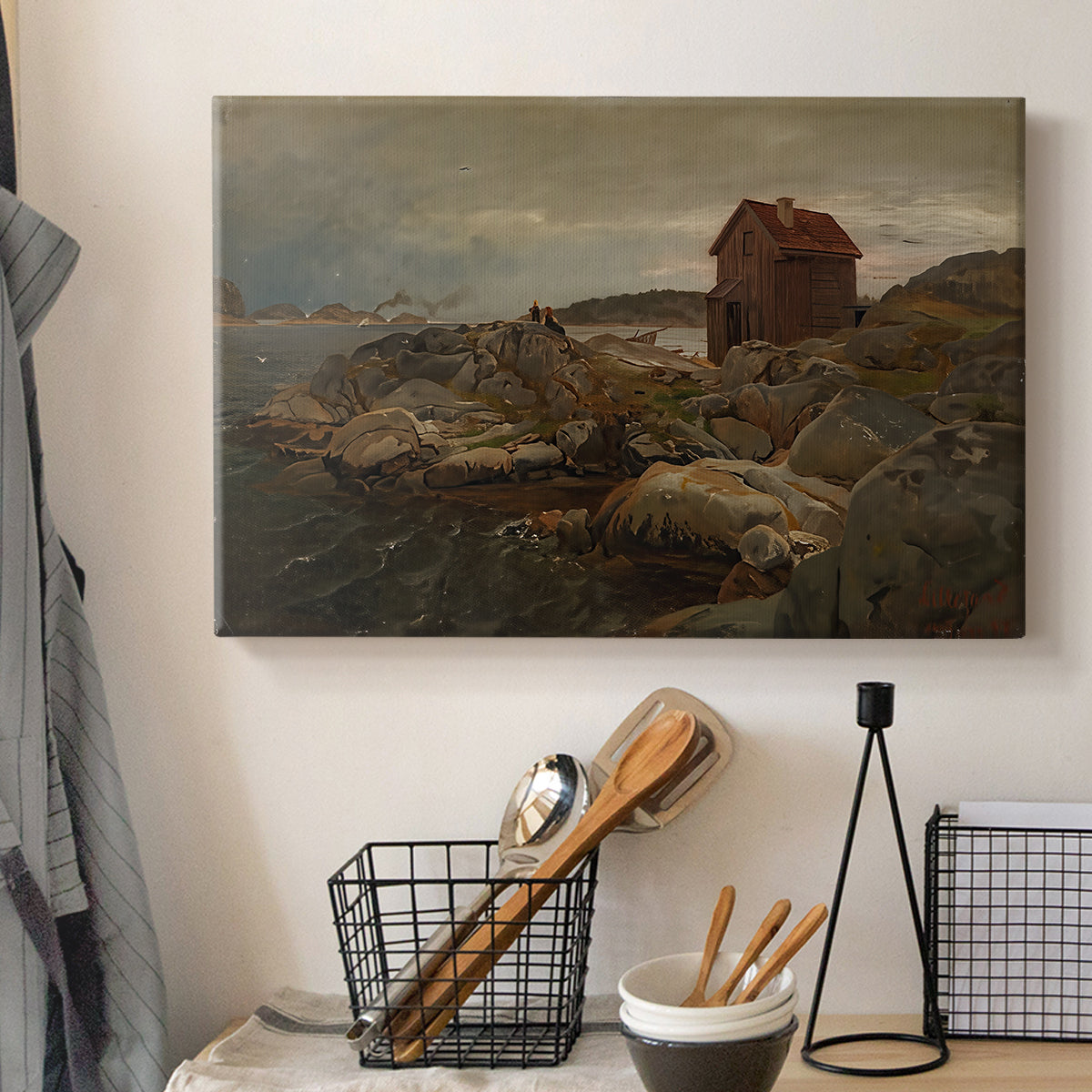 Canvas art print detailing a peaceful harbor setting with architecture and boats, displayed in a softly lit workspace setting