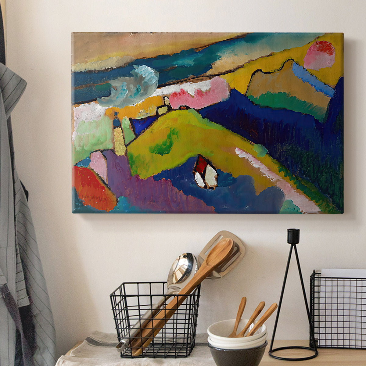 Canvas art print detailing a stylized composition featuring church within mountainous setting, displayed in a softly lit workspace setting