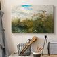 Canvas art print detailing a realistic depiction of ducks in countryside landscape, displayed in a softly lit workspace setting