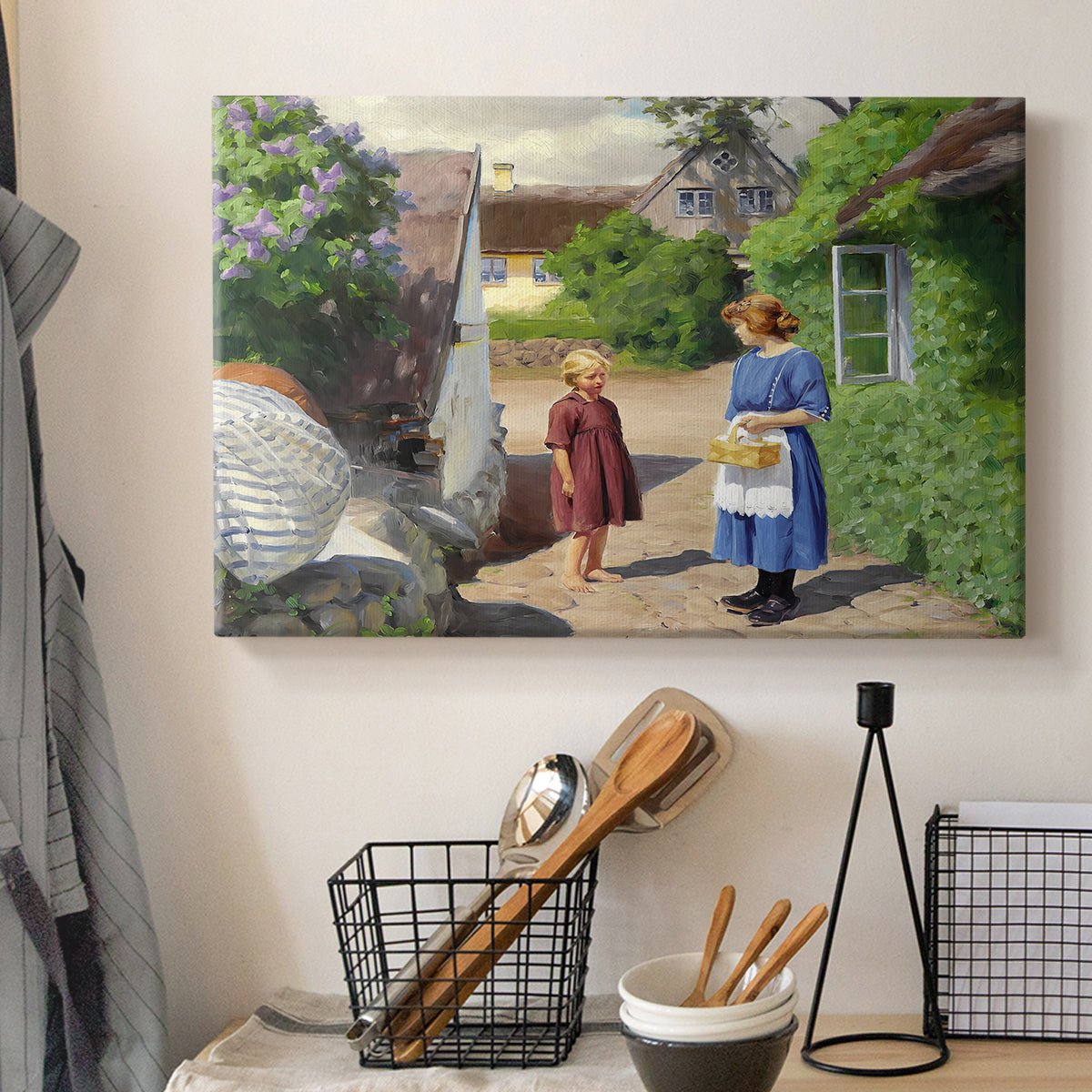 Canvas art print detailing a peaceful summer day with figures in small town environment, displayed in a softly lit workspace setting