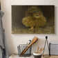 Canvas art print detailing a realistic depiction of owl camouflaged within woodland environment, displayed in a softly lit workspace setting