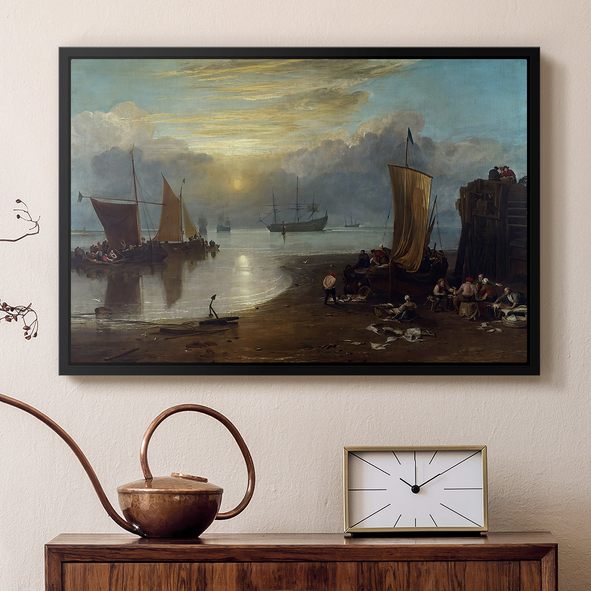 Sun Rising through Vapour: Fishermen Cleaning and Selling Fish, c. 1807 - Floater Framed Canvas Print