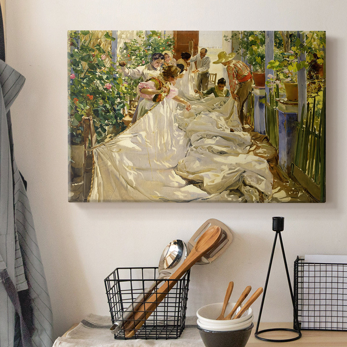 Canvas art print detailing an expressive depiction of group engaged in manual work, displayed in a softly lit workspace setting