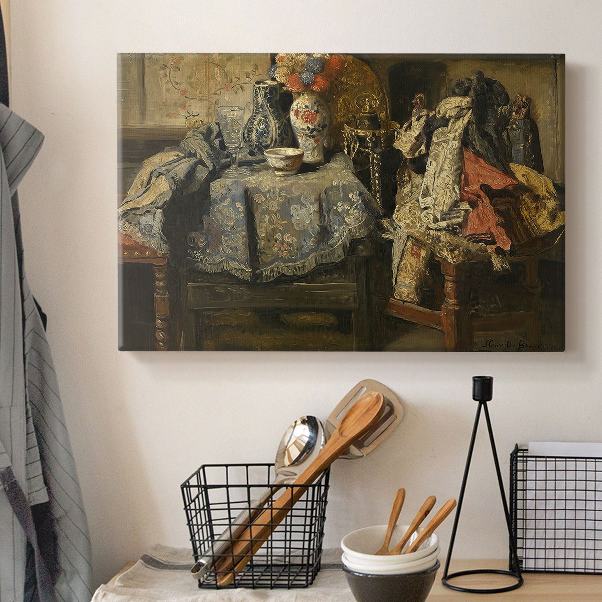 Canvas art print detailing a tabletop arrangement highlighting everyday materials, displayed in a softly lit workspace setting