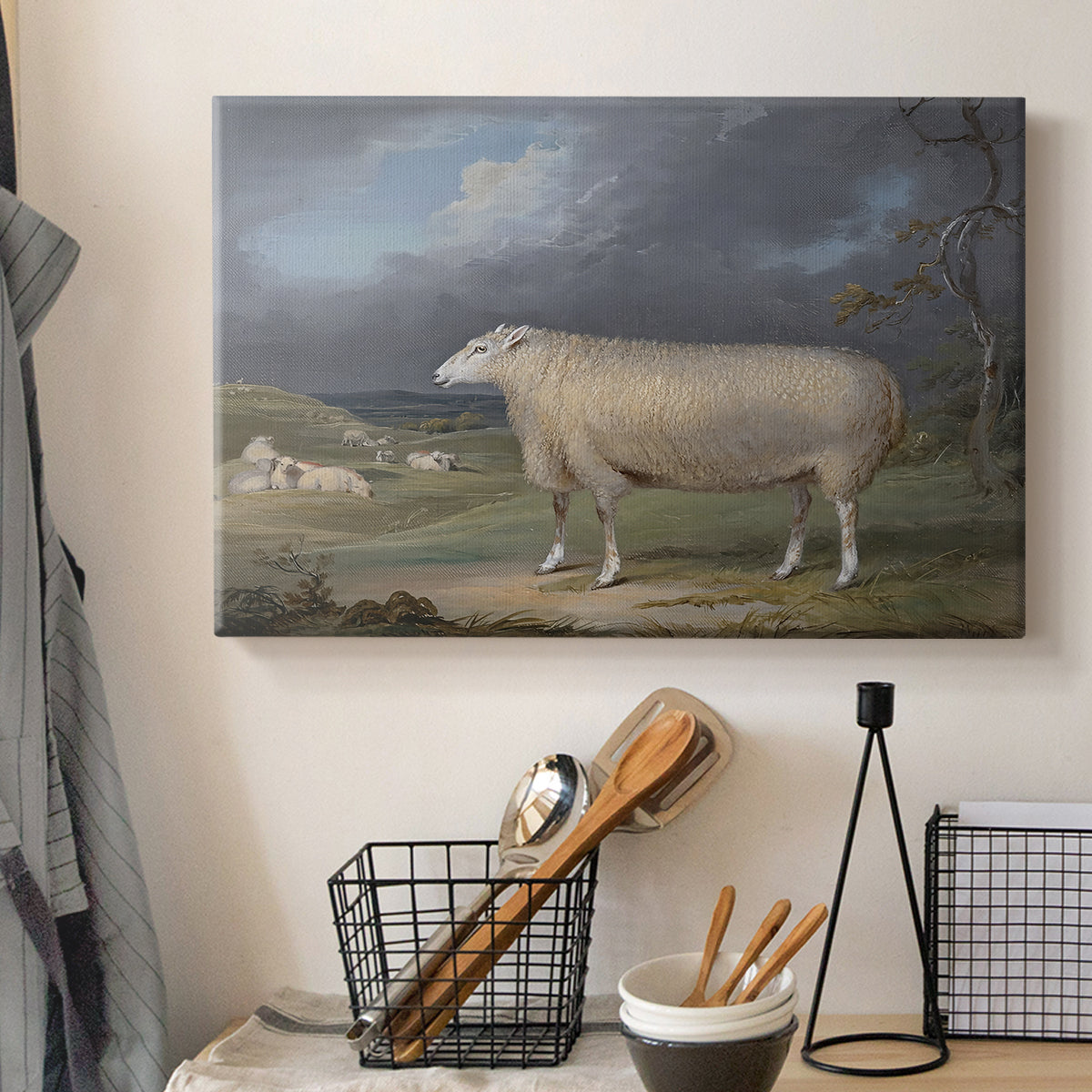 Canvas art print detailing a farm animal study in open landscape, displayed in a softly lit workspace setting