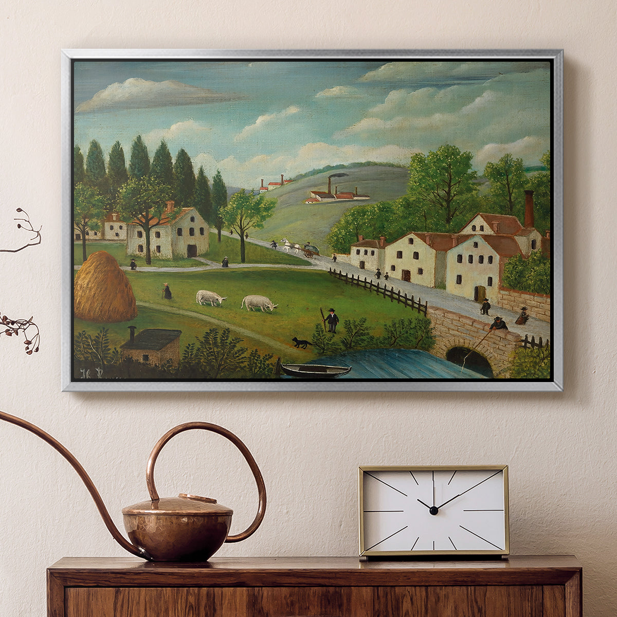 Pastoral Landscape with Stream, Fisherman and Strollers, 1875-1880 - Floater Framed Canvas Print