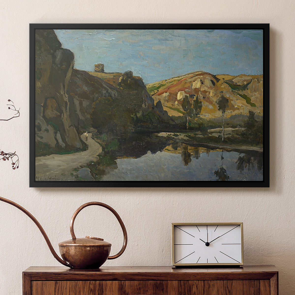River Landscape with Cliffs, c. 1850-1860 - Floater Framed Canvas Print