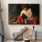 Canvas art print detailing a contemplative religious figure in rustic wilderness environment, displayed in a softly lit workspace setting