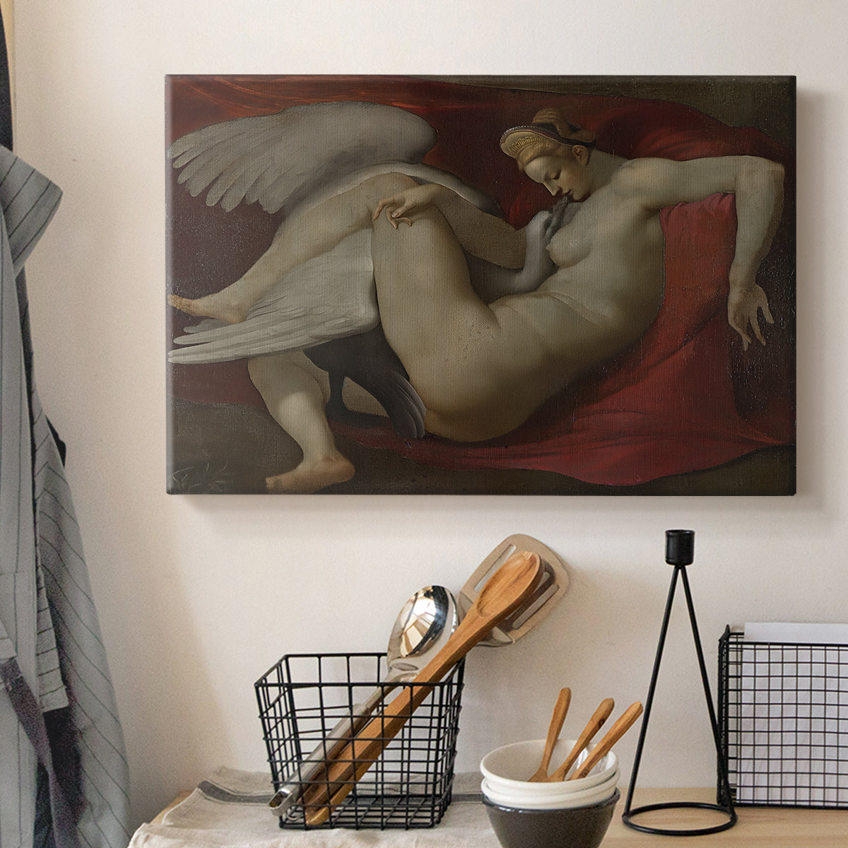 Canvas art print detailing a traditional myth scene, displayed in a softly lit workspace setting