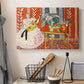 Canvas art print detailing a stylized figure with musical instrument, displayed in a softly lit workspace setting