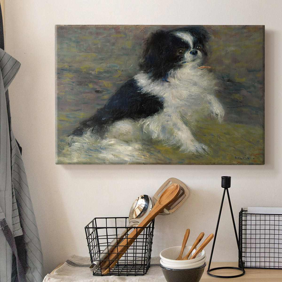 Canvas art print detailing an animal portrait of a dog in natural outdoor setting with soft light, displayed in a softly lit workspace setting