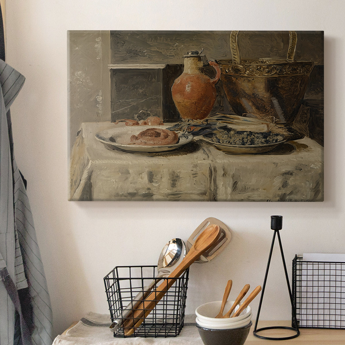 Canvas art print detailing a still life emphasizing texture and form of household items, displayed in a softly lit workspace setting