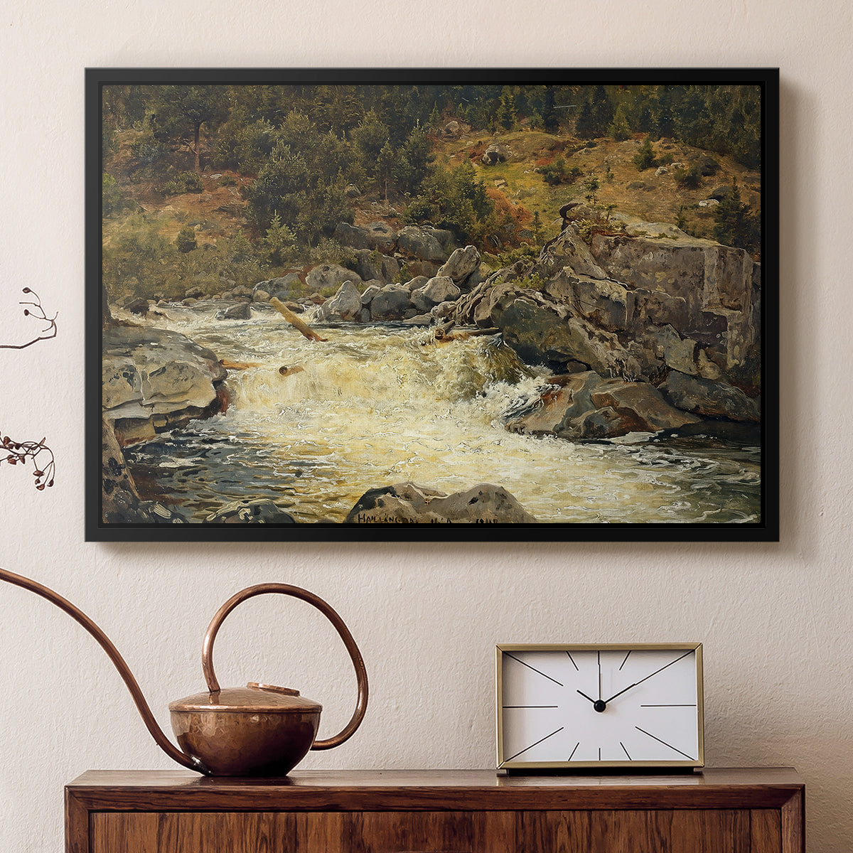 Waterfall in Hallingdal, 1848 - Floater Framed Canvas Print