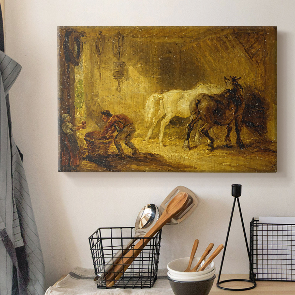 Canvas art print detailing an animal grouping in calm outdoor environment, displayed in a softly lit workspace setting